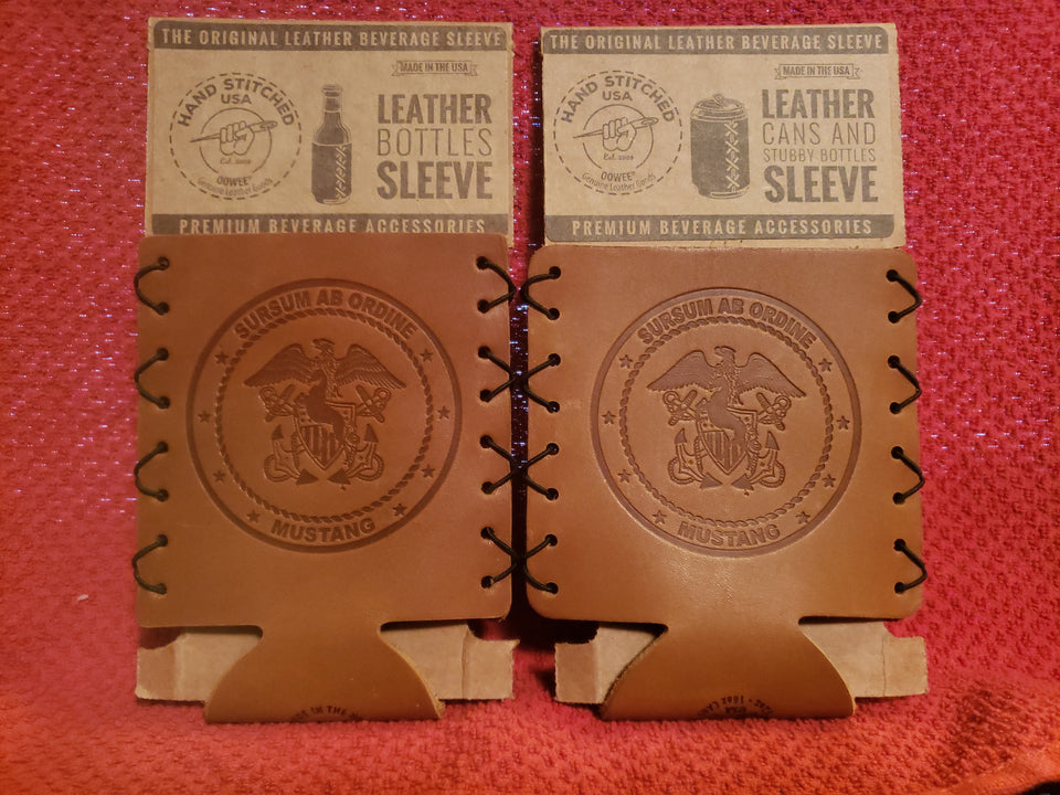 Hand Stitched Leather Navy Mustang Koozie